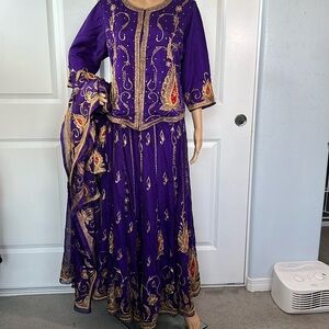 ROYAL PURPLE and GOLD 3 piece saree lengha top skirt India 40 wedding ceremony